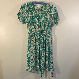Sienna Sky Green Floral Wrap Mini Dress with White and Yellow Blooms